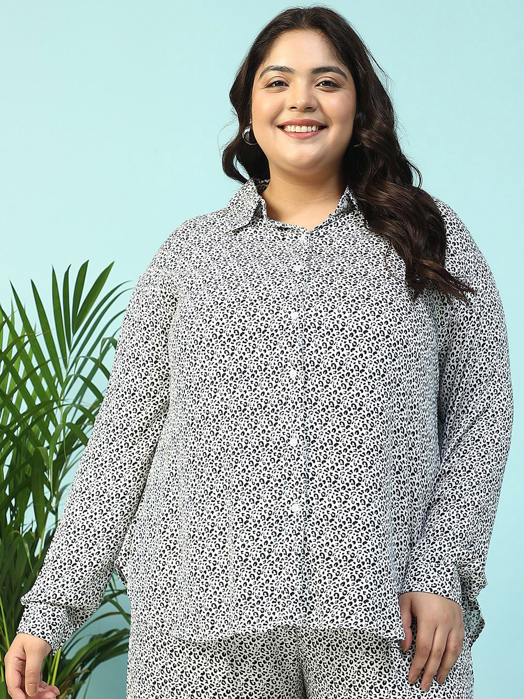 Oxolloxo Plus Size Animal Print Collared Long Sleeve Button Down Shirt