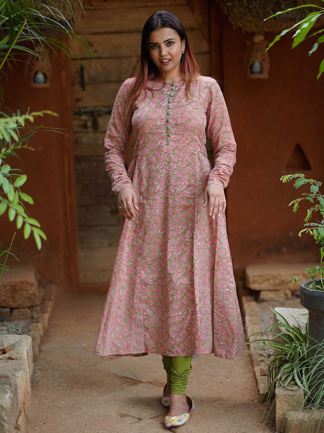 Weaves of Tradition Women Floral Printed Daily Cotton Anarkali Kurtas
