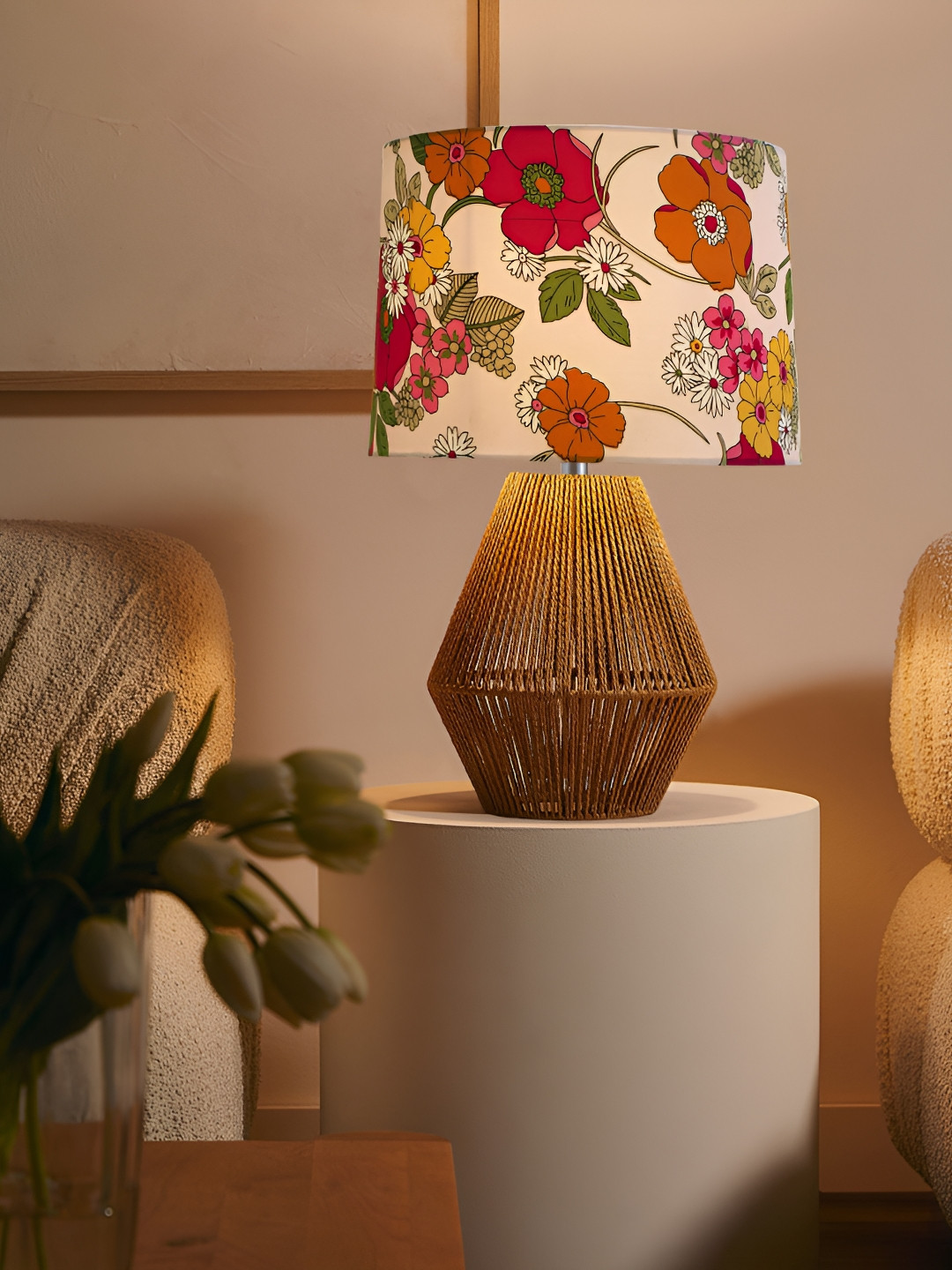 Decorcity Brown & White Handmade Wicker Table Lamp with Bulb