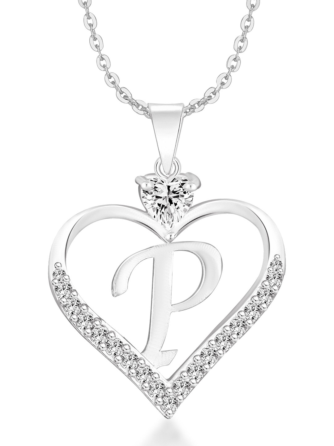 Heer Collection Cubic Zircon Studded Heart Shape Alphabet 'P' Pendant With Chain