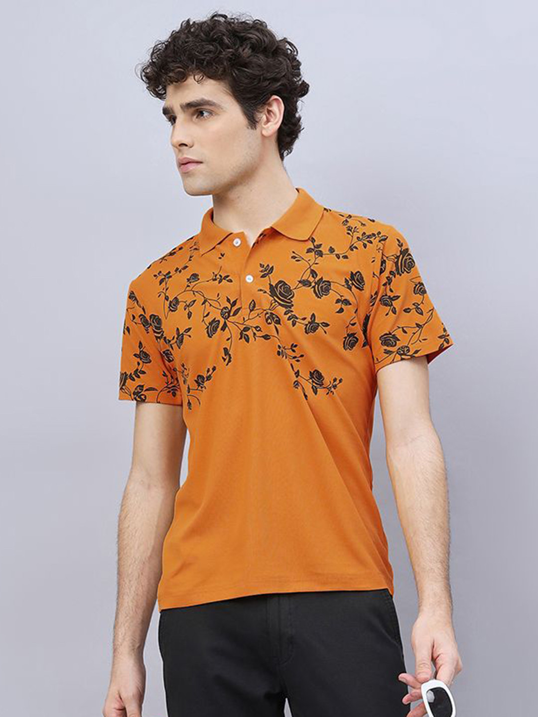 RELANE Men Floral Printed Polo Collar Cotton T-shirt