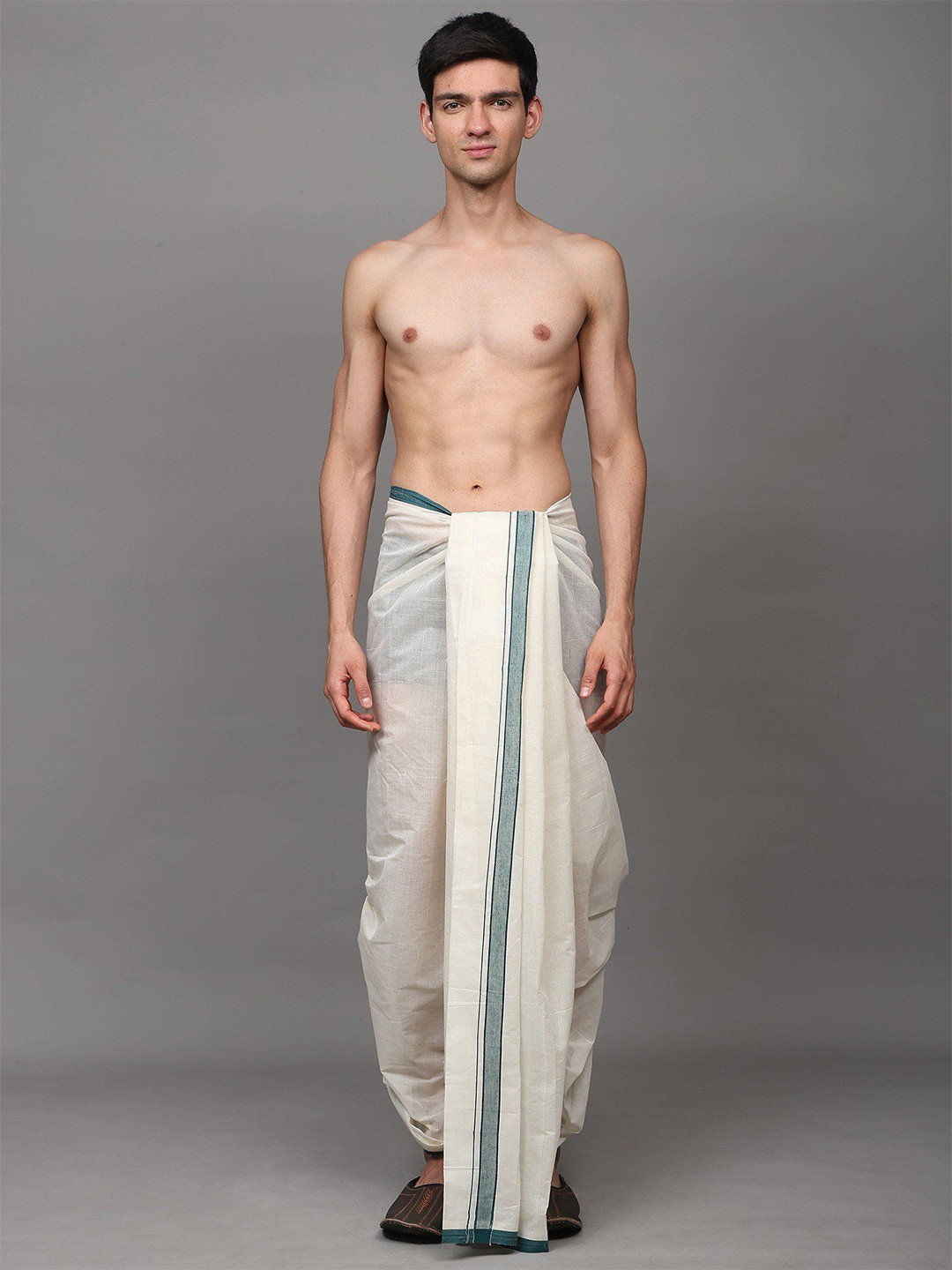 Exotic India Men Cotton Winter White Plain Drape Dhoti with Striped Border
