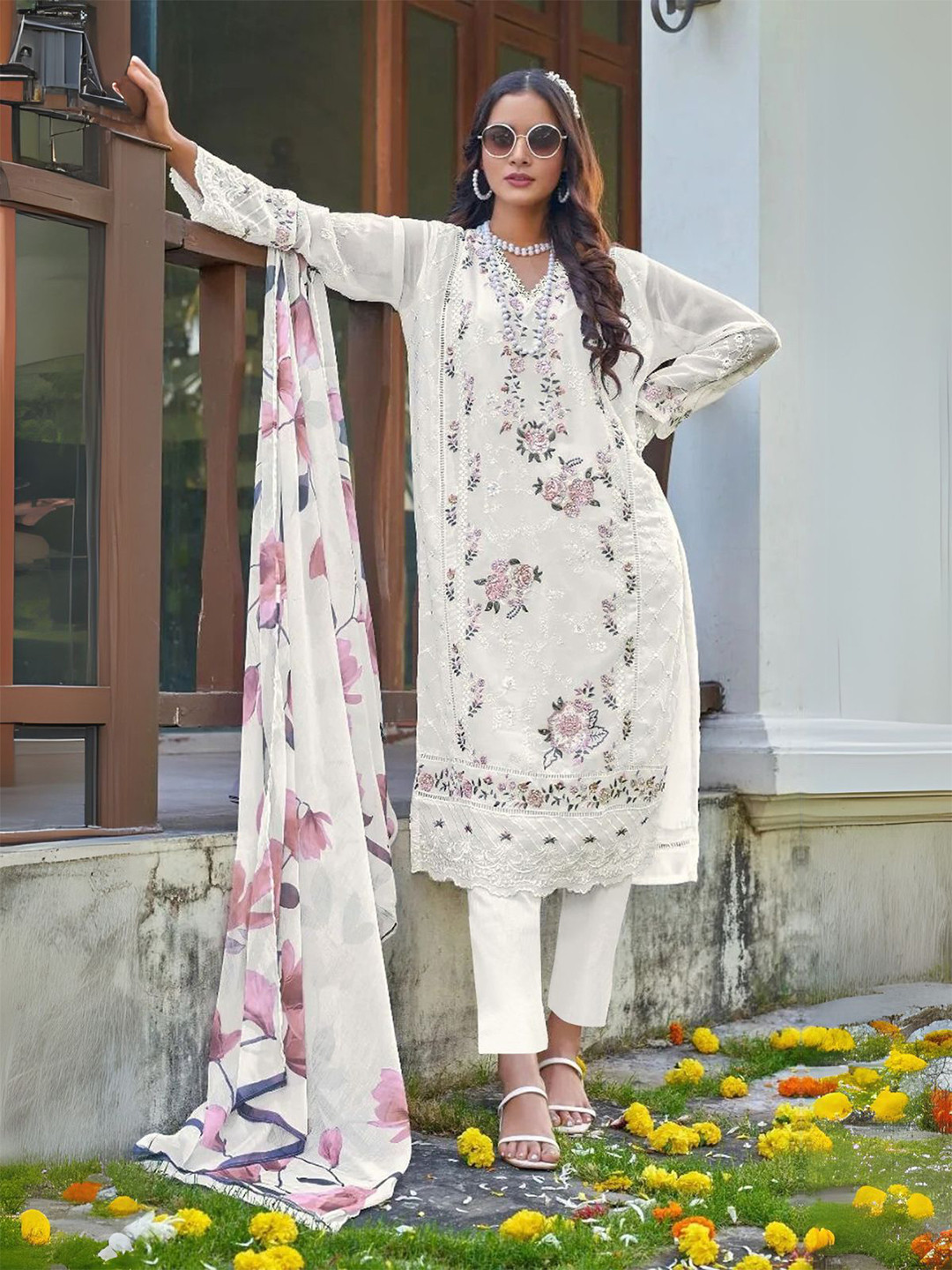 ODETTE Embellished Semi Stitched Kurta & Trouser With Dupatta Dress Material