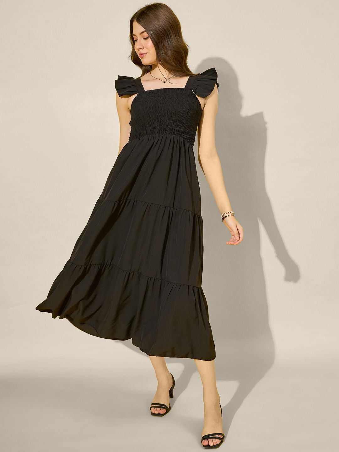 QIOA Women Solid Crepe A-Line Maxi Dress