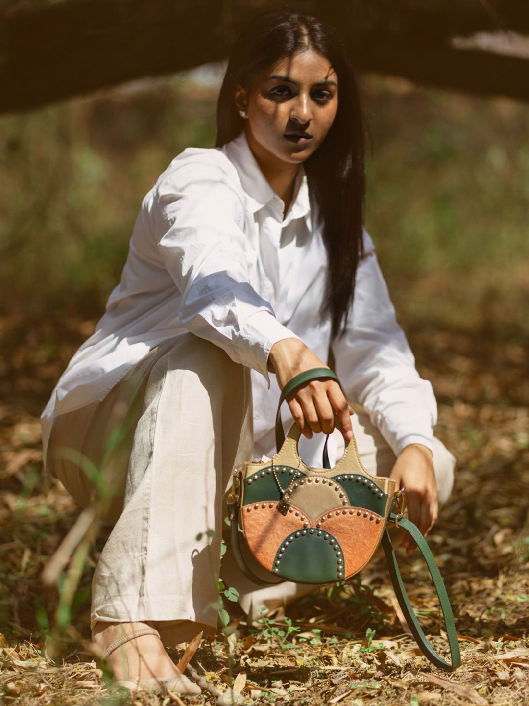 Green Hermitage Printed Savannah Vegan Leather Sling Bag with Cut Work