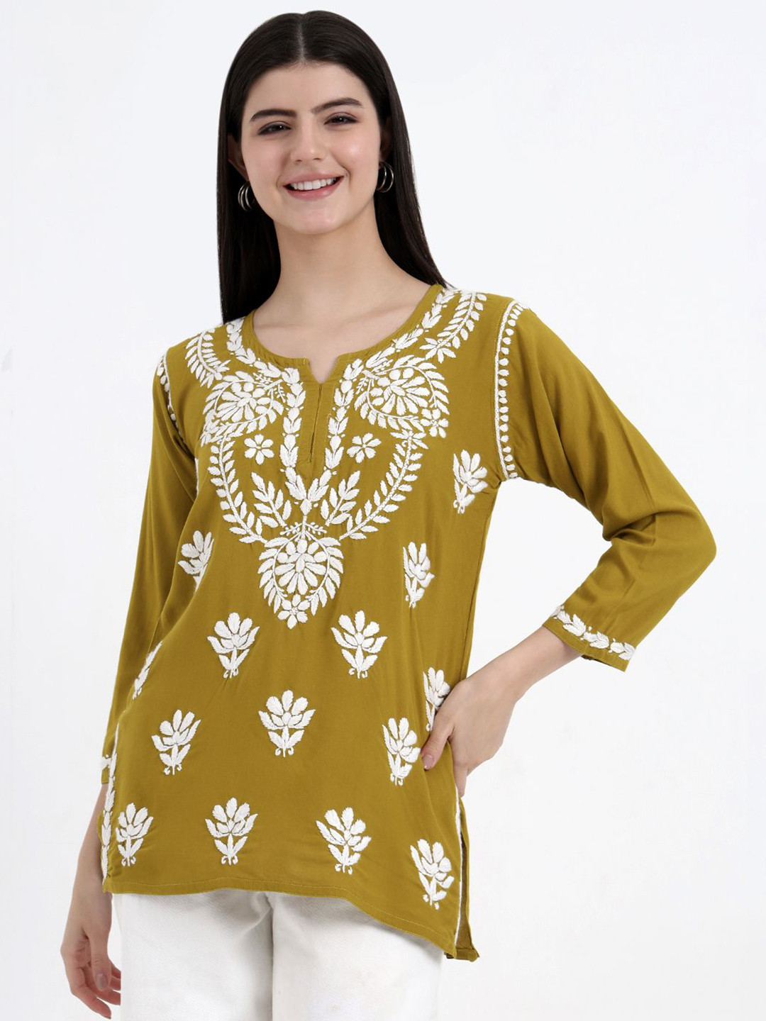 The Chikan Label Mehndi Green Chahat Rayon Chikankari Short Top