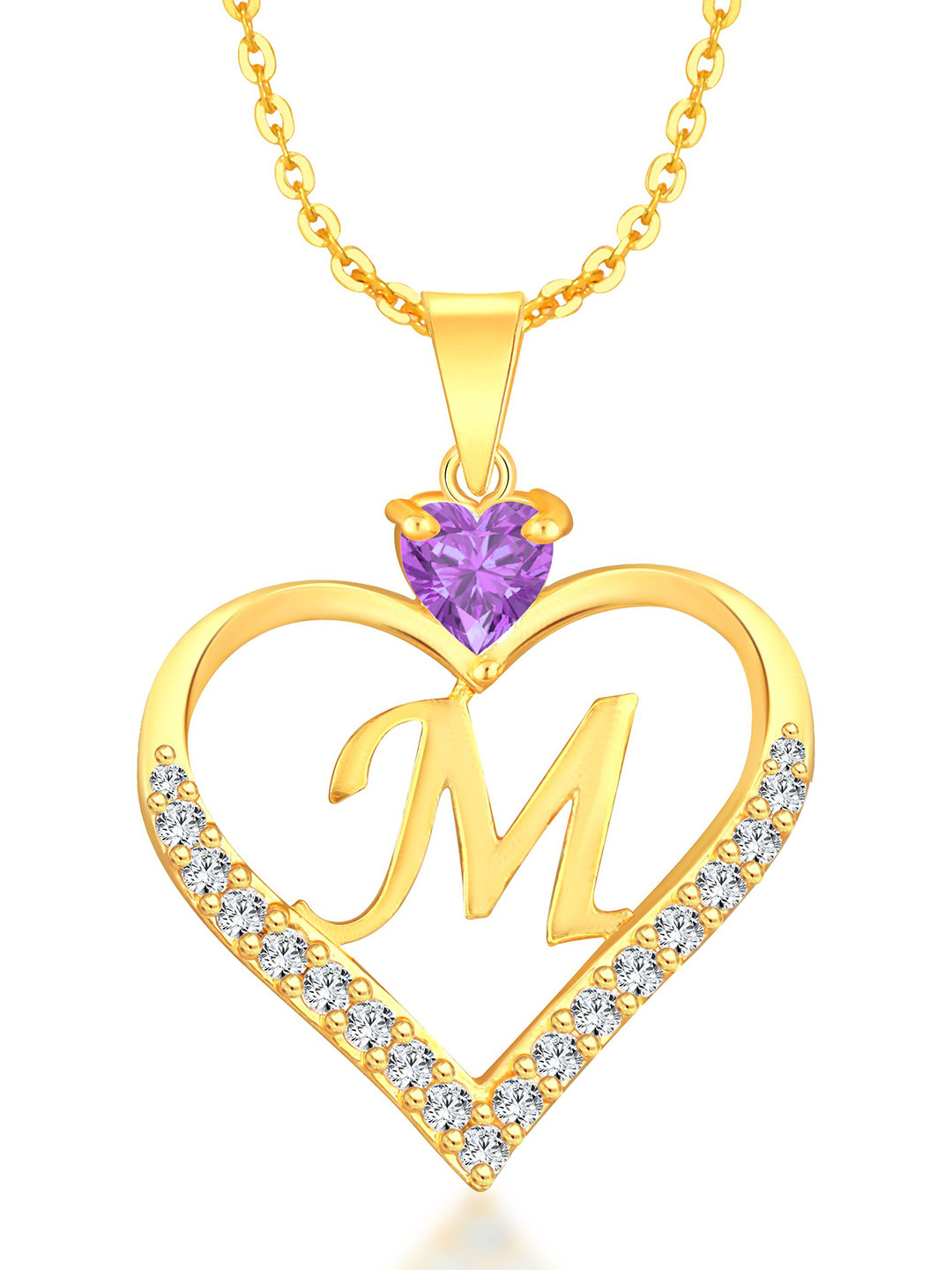 Heer Collection Heart Shape Cubic Zirconia Alphabet 'M' Pendant With Chain