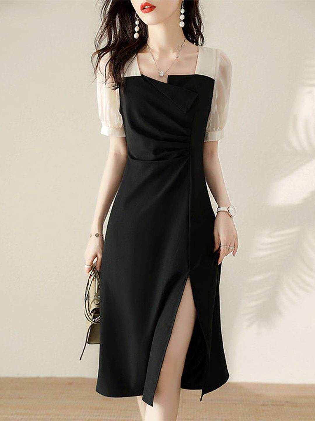 bebe Black and White Colorblock Square-Neck Puff Sleeve Side Slit knee Length Dress