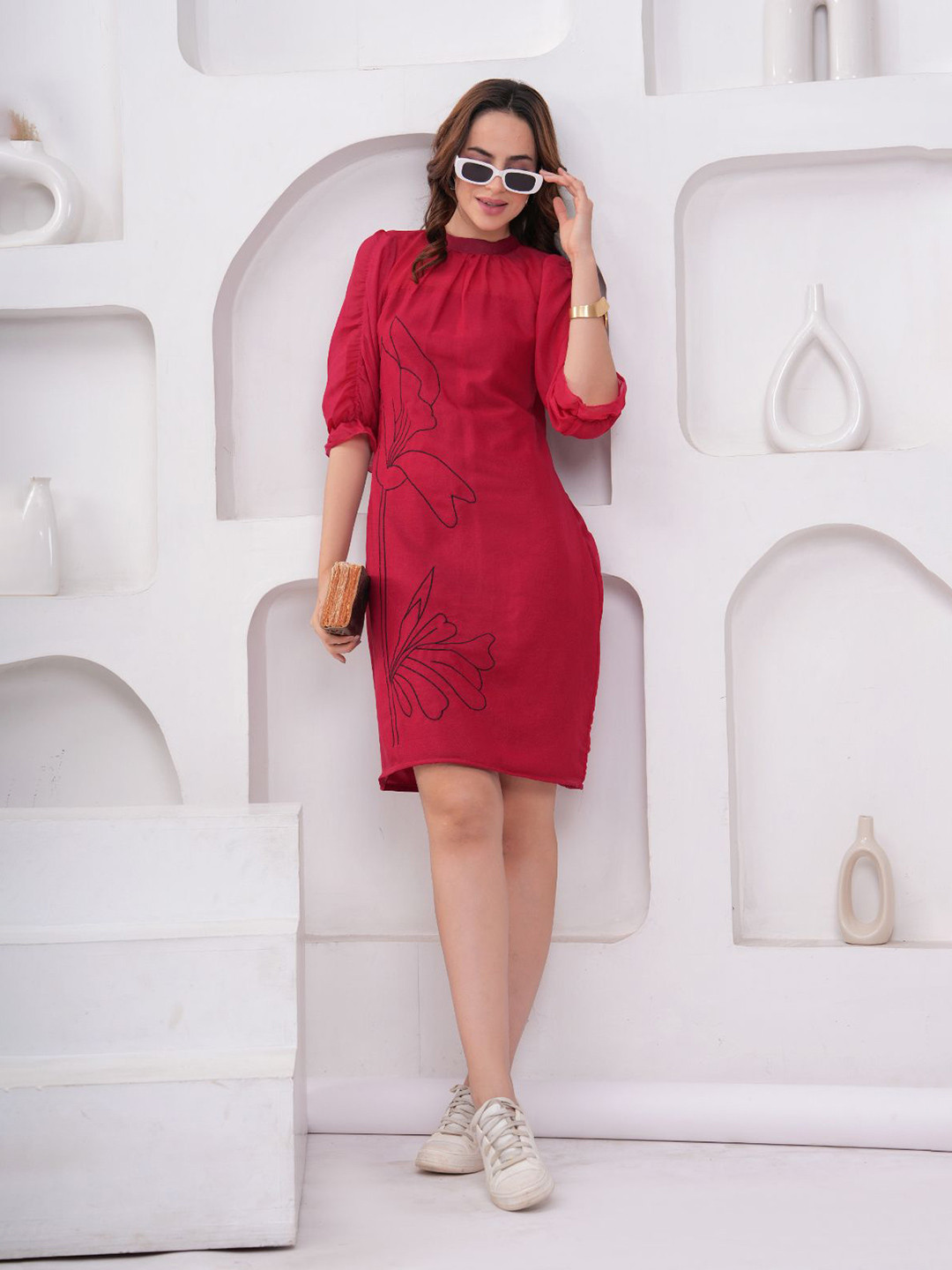BAESD Women Embroidered Slits High Neck Georgette Sheath Dress