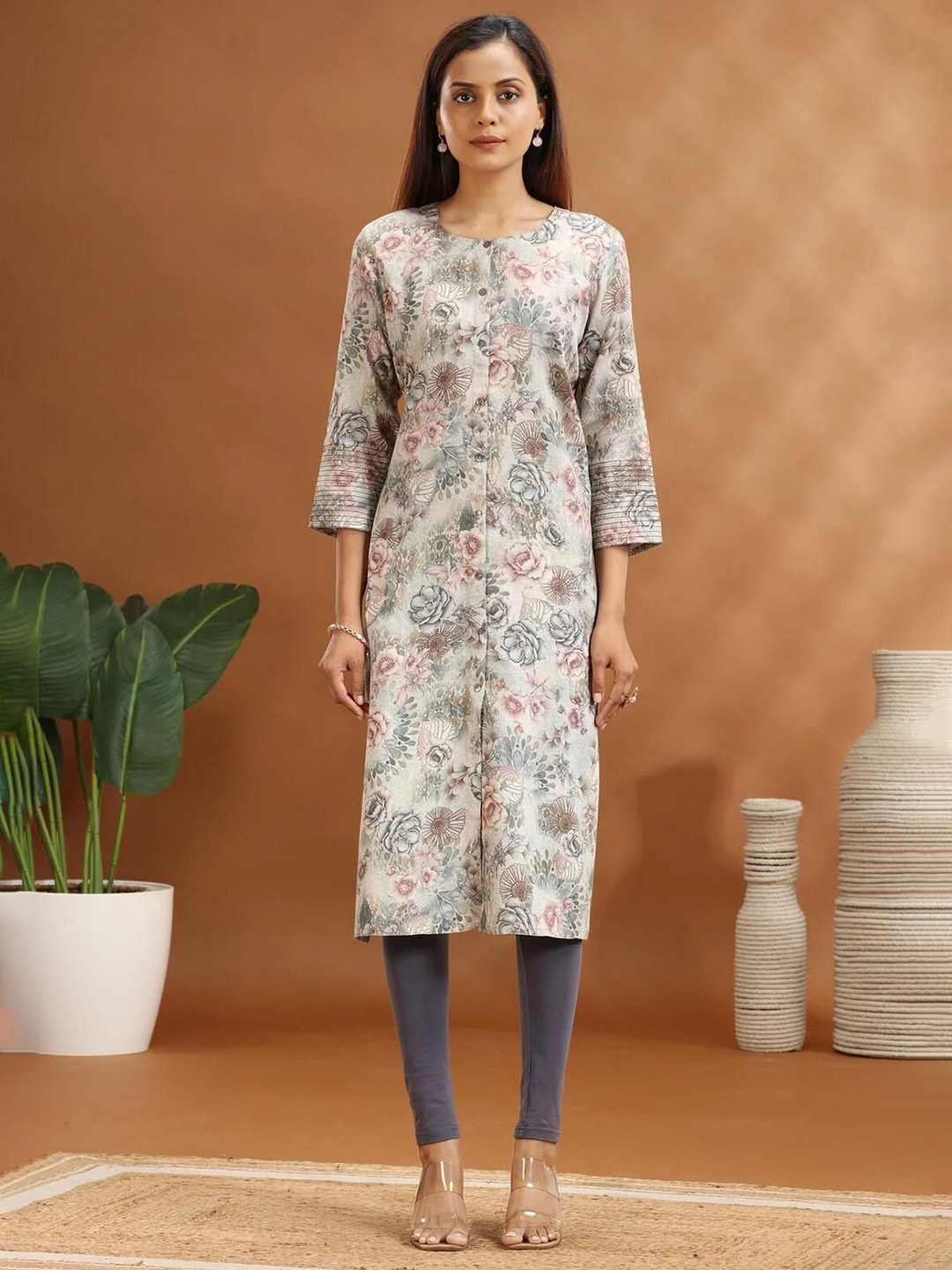 COTTON CULTURE Women Gray Jaipuri Cotton Straight Printed Kurta