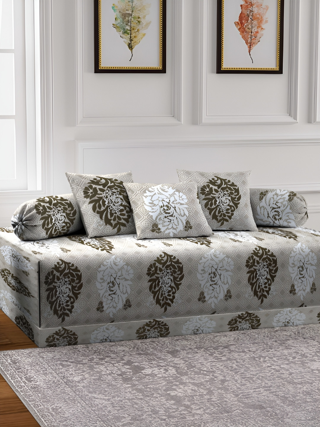 Aura Set Of 6 Brown & White Printed Indian TC Cotton Diwan Set