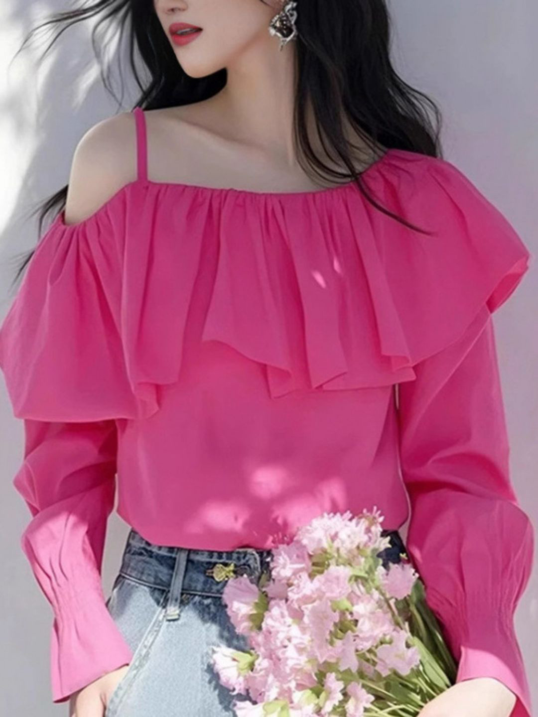 bebe Pink Ruffle Cold-Shoulder Long Sleeve Top
