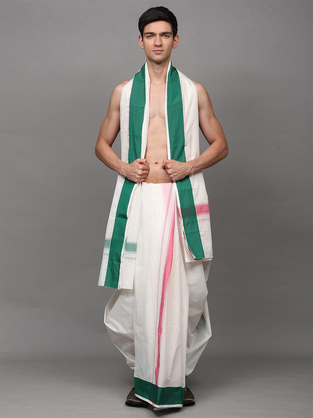 Exotic India Men White-Alyssum Plain Dhoti with Angavastram Set with Double Side Border