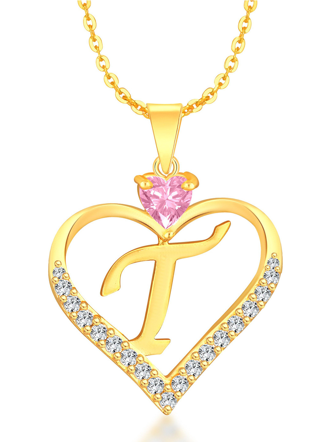 Heer Collection Cubic Zircon Studded Heart Shape Alphabet 'T' Pendant With Chain