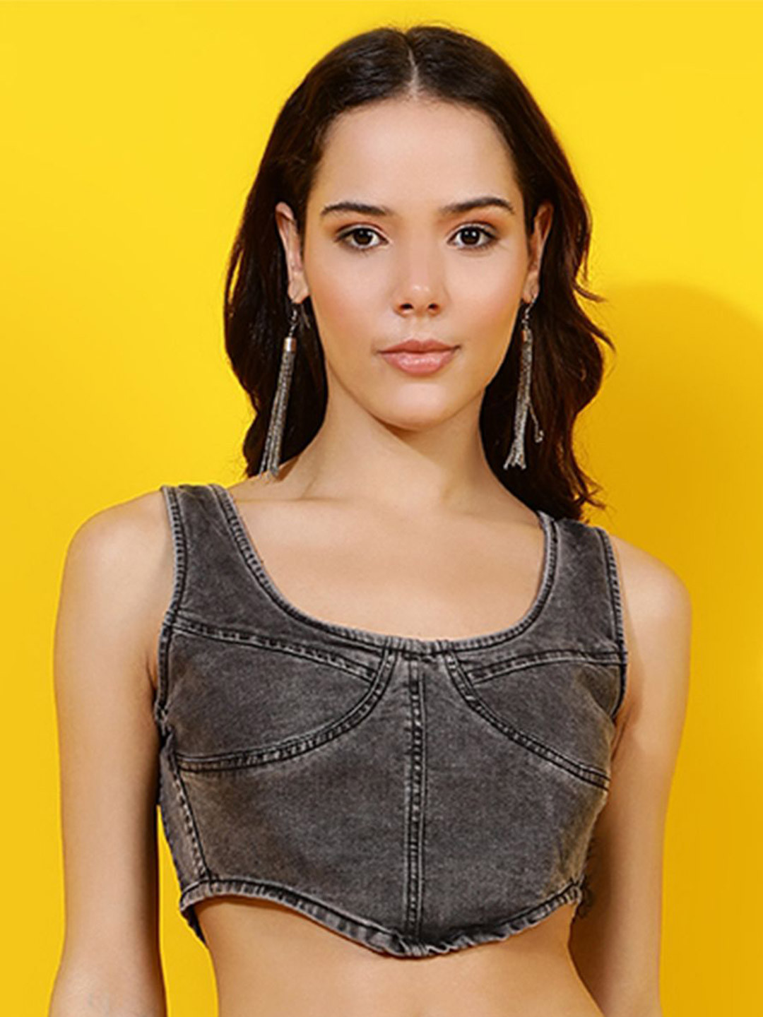Belliskey Women Solid Cotton Denim Sleeveless Regular Crop Top