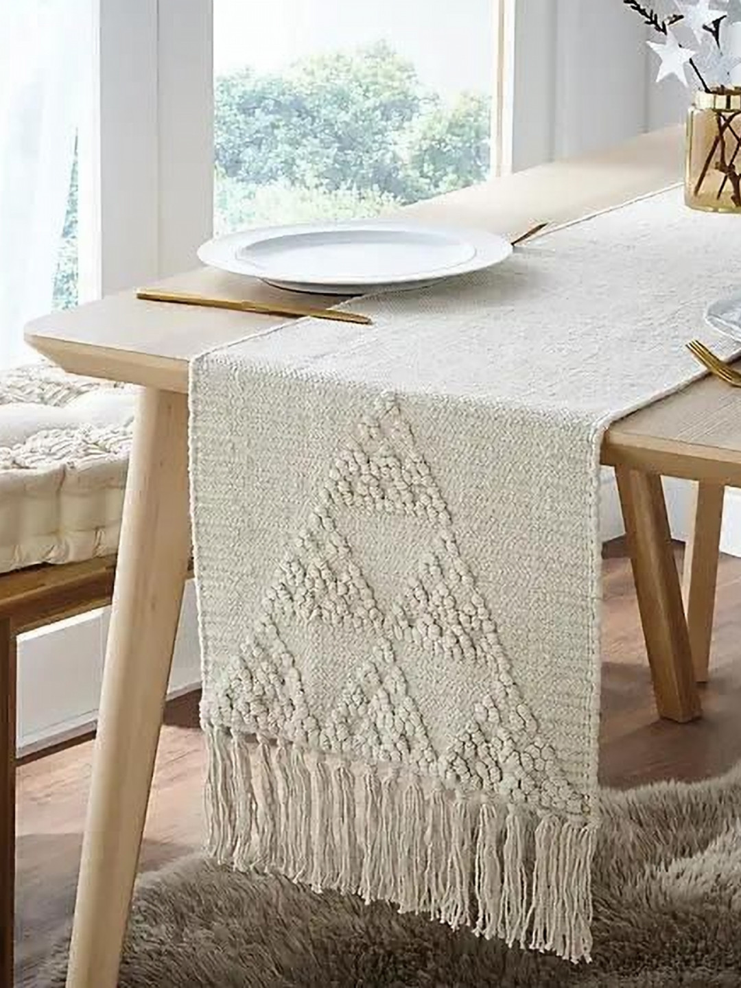 INDIAN HOME FAB White Abstract Table Runner