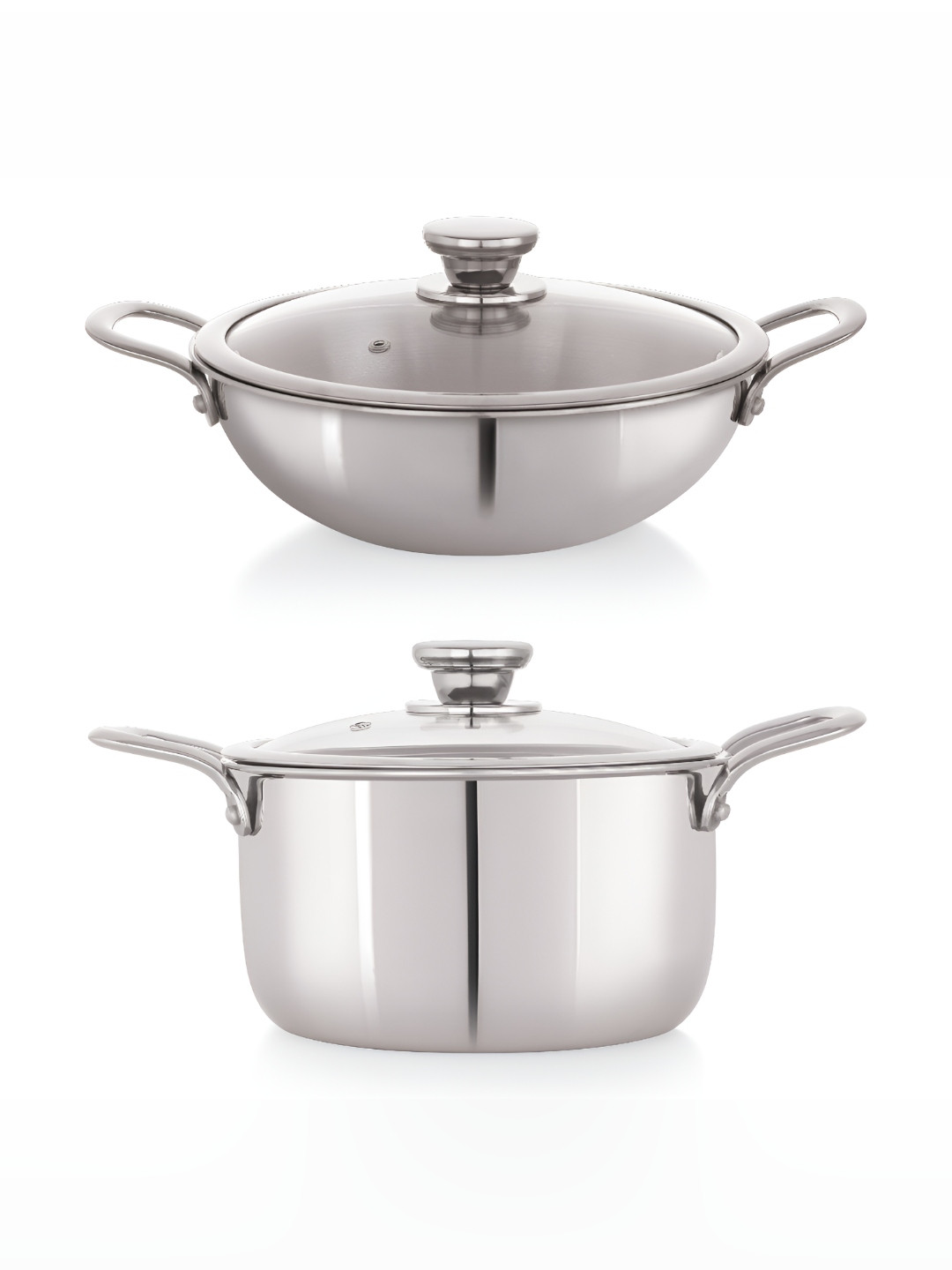 NIRLON Silver Toned 2 Pieces Induction Base Stainless Steel Kadai -2.6 L & Casserole-3.1 L