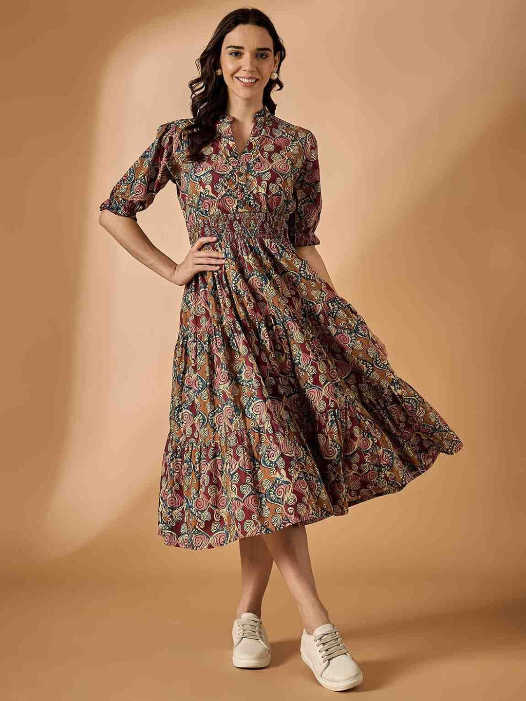 Azira Floral Printed Layered Mandarin Collar Cuffed Sleeves Tiered Fit & Flare Midi Dress