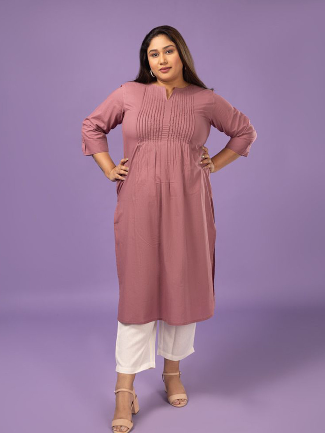 Sizeupp Plus Size Pin Tucks Notch Neck Cotton Straight Kurta