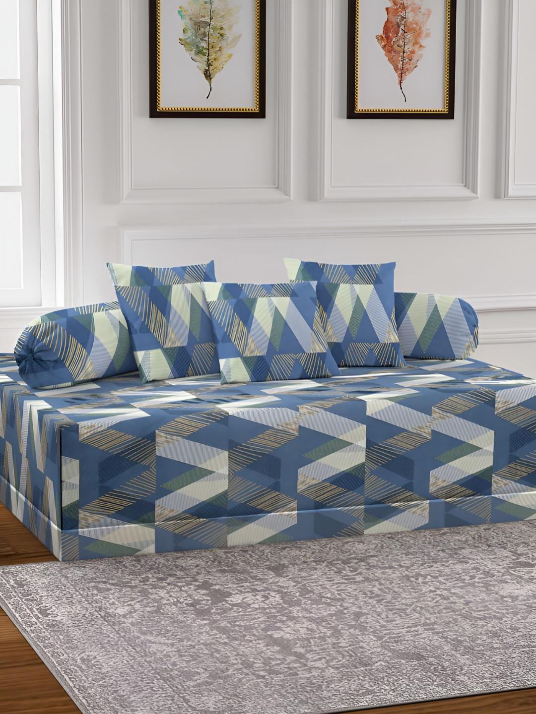 Aura Set of 6 Blue Stripes Printed Superfine Diwan Set
