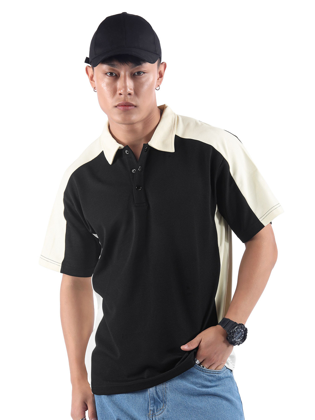 Beyoung Men Black Textured Color Block Polo T-Shirt