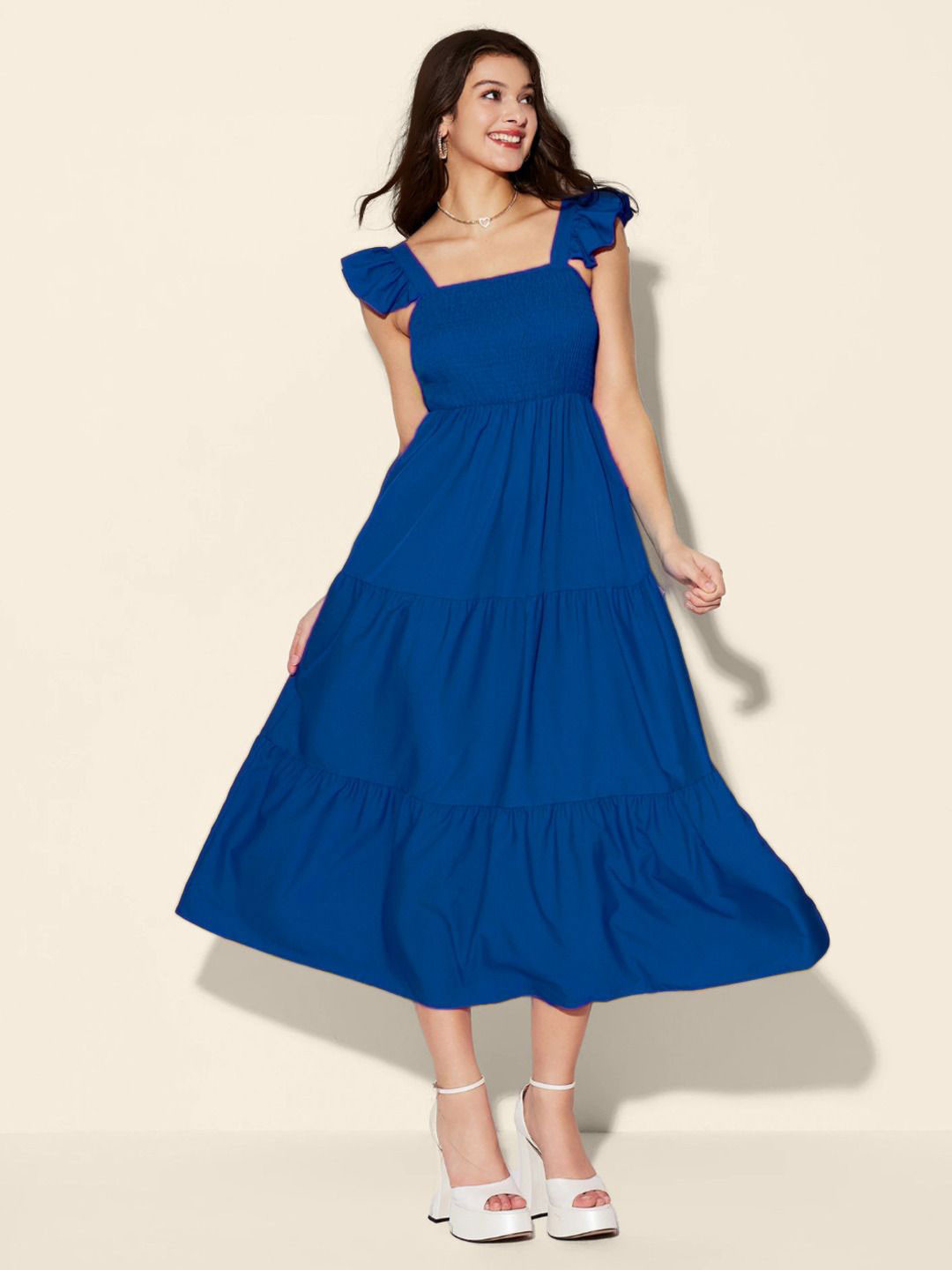 QIOA Women Crepe A-Line Tiered Maxi Dress