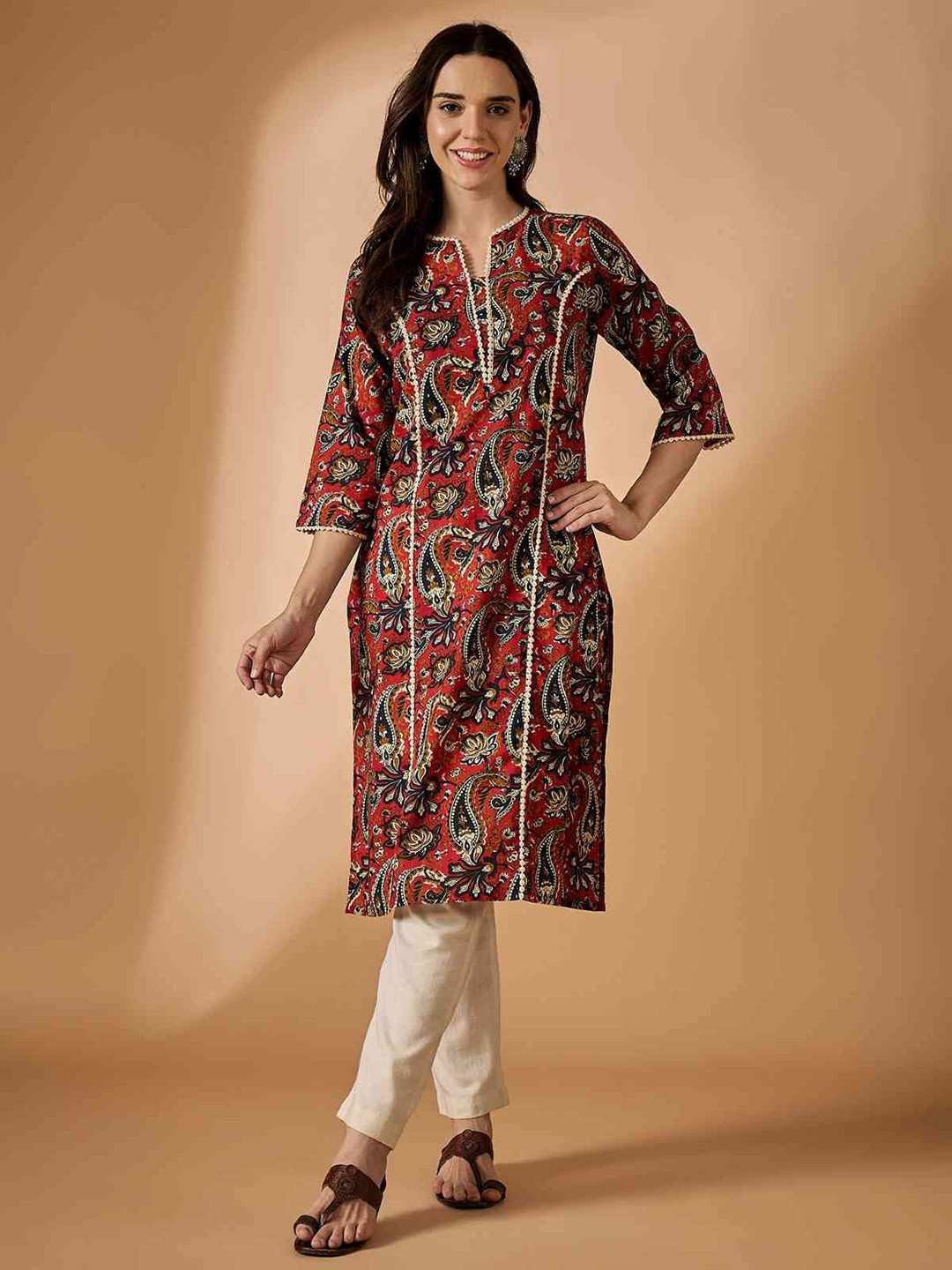 Azira Floral Printed Notch Neck Panelled Straight Kurta