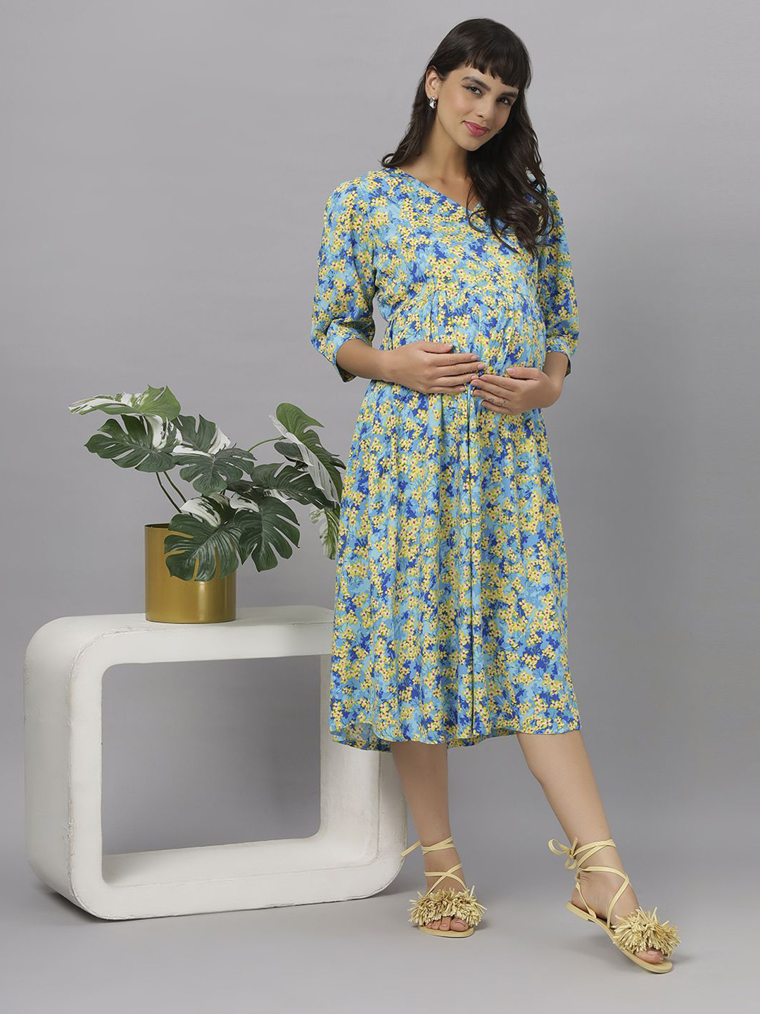 Mammas Maternity Women Floral Printed A-Line Knee Length Dress