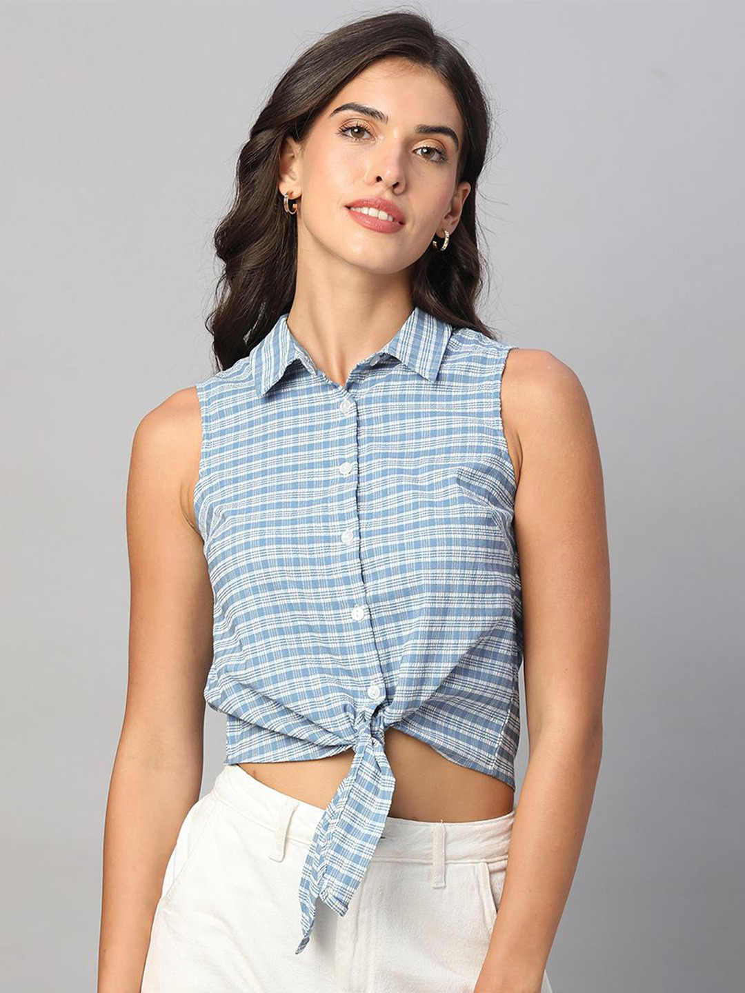 ZESTX Gingham Checks Checked Sleeveless Casual Shirt