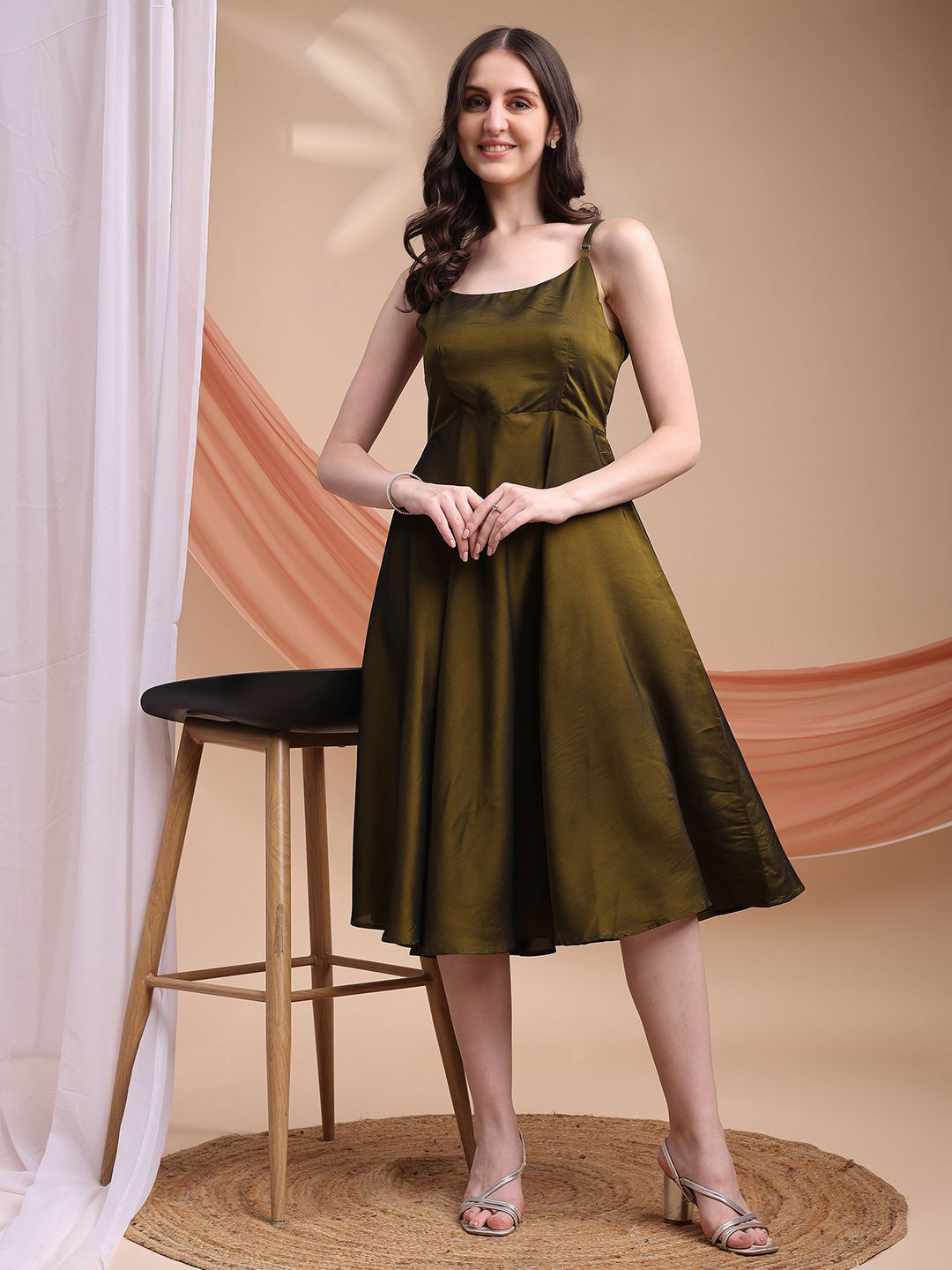 Kinjo Women Solid Square Neck Shoulder Straps Fit & Flare Dress