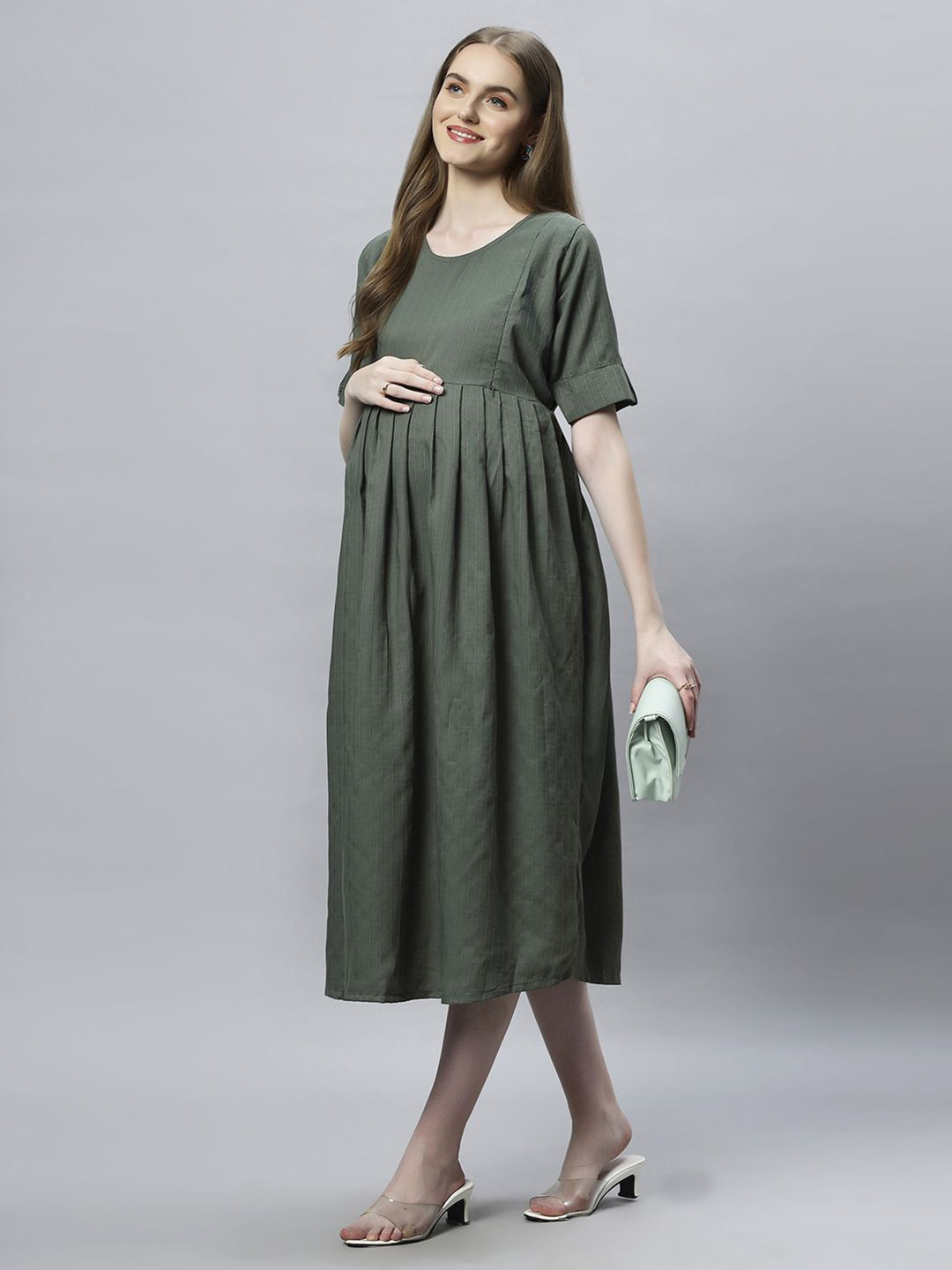 Mammas Maternity Roll-Up Sleeves Fit and Flare Midi Dress