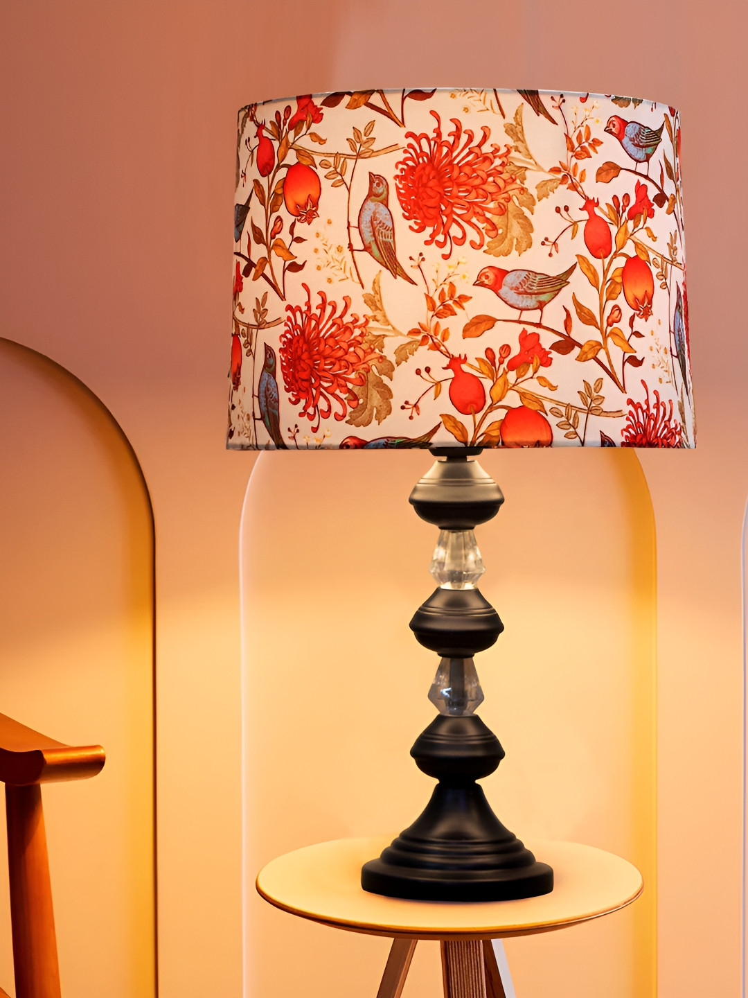 Decorcity White And Red Printed Cylindrical Shaped Table Lamp with Bulb