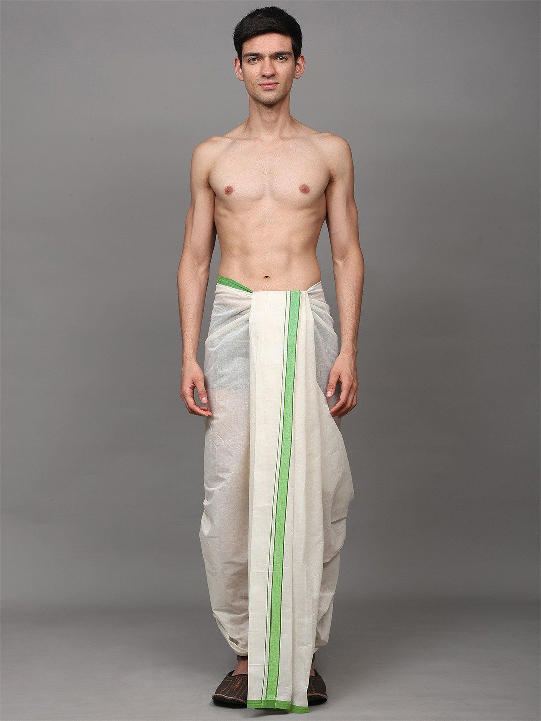 Exotic India Men Winter-White Plain Drape Dhoti with Striped Border Dhotis