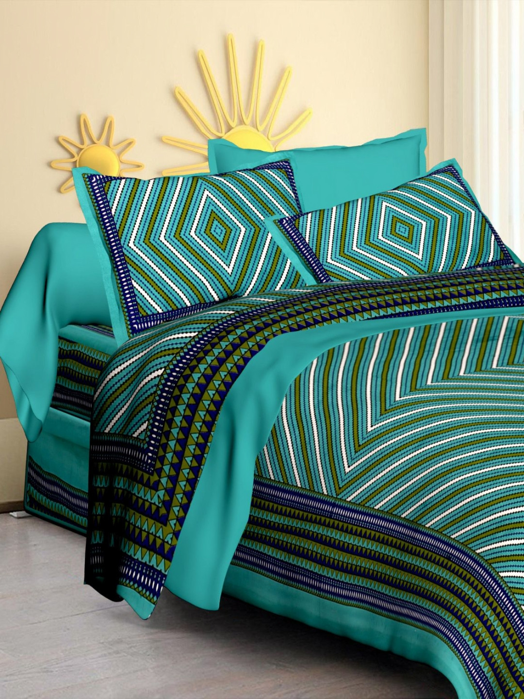 Rudra Bazaar Standalone Green Geometric Cotton Breathable 210 TC King Fine Bedsheet with 2 Pillow Covers-108 x 91 inches