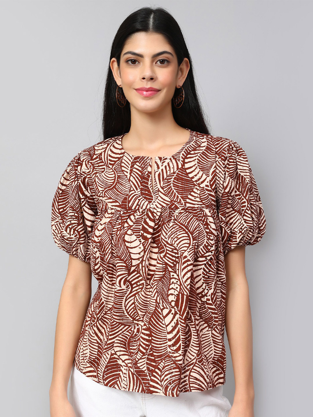 Amagyaa Women Tropical Printed Puff Sleeve Embroidered Cotton Top