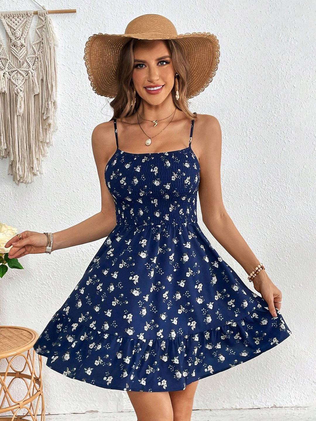 LULU & SKY Women Floral Printed Smocked Detail Fit & Flare Dress