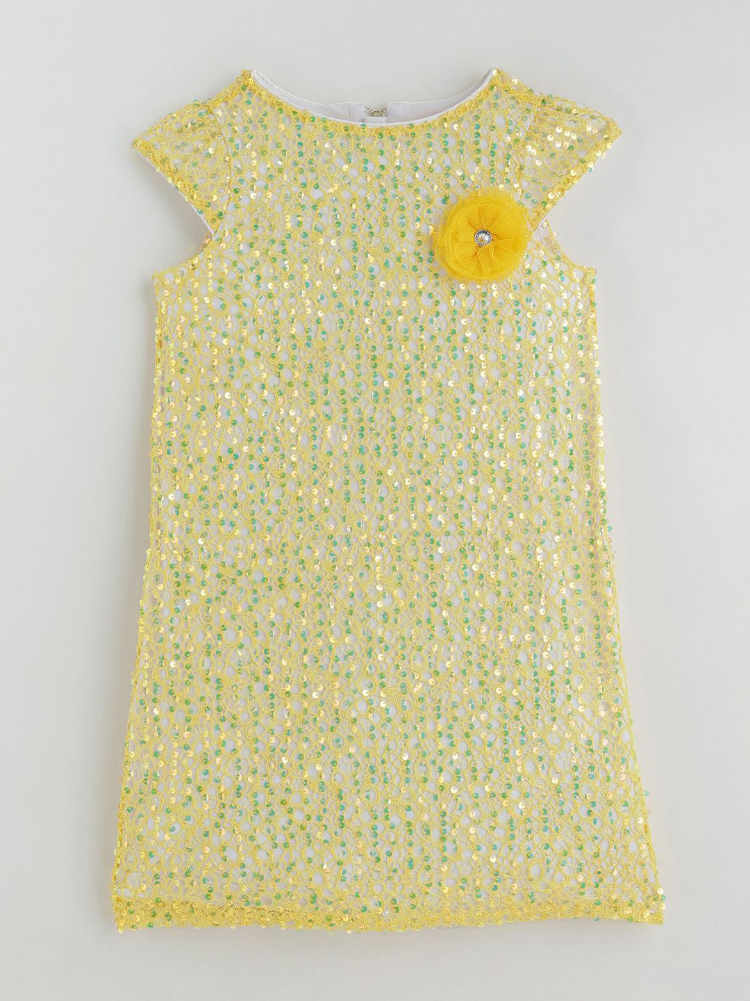 One Friday Girls Yellow Embellished Sequined Detail A-Line Cap Sleeve Solid Dress