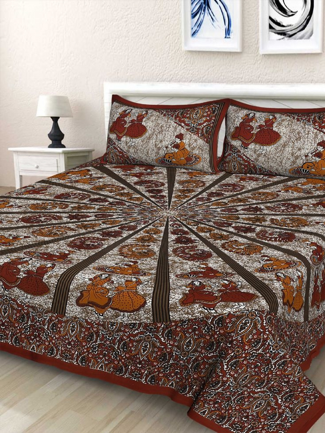 Rudra Bazaar Maroon Ethnic Motifs Cotton Breathable 210 TC Queen Fine Bedsheet with 2 Pillow Covers-108 x 91 inches