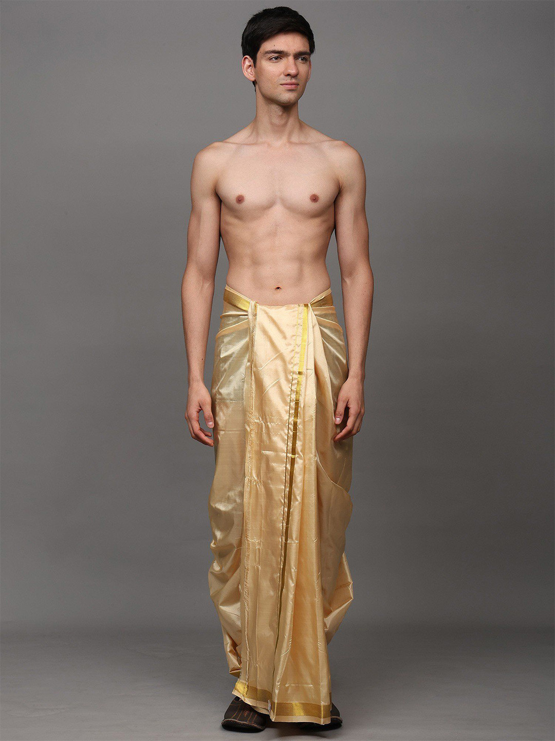 Exotic India Men Golden-Straw Pure Silk Traditional Dhoti with Zari Thread Woven Border