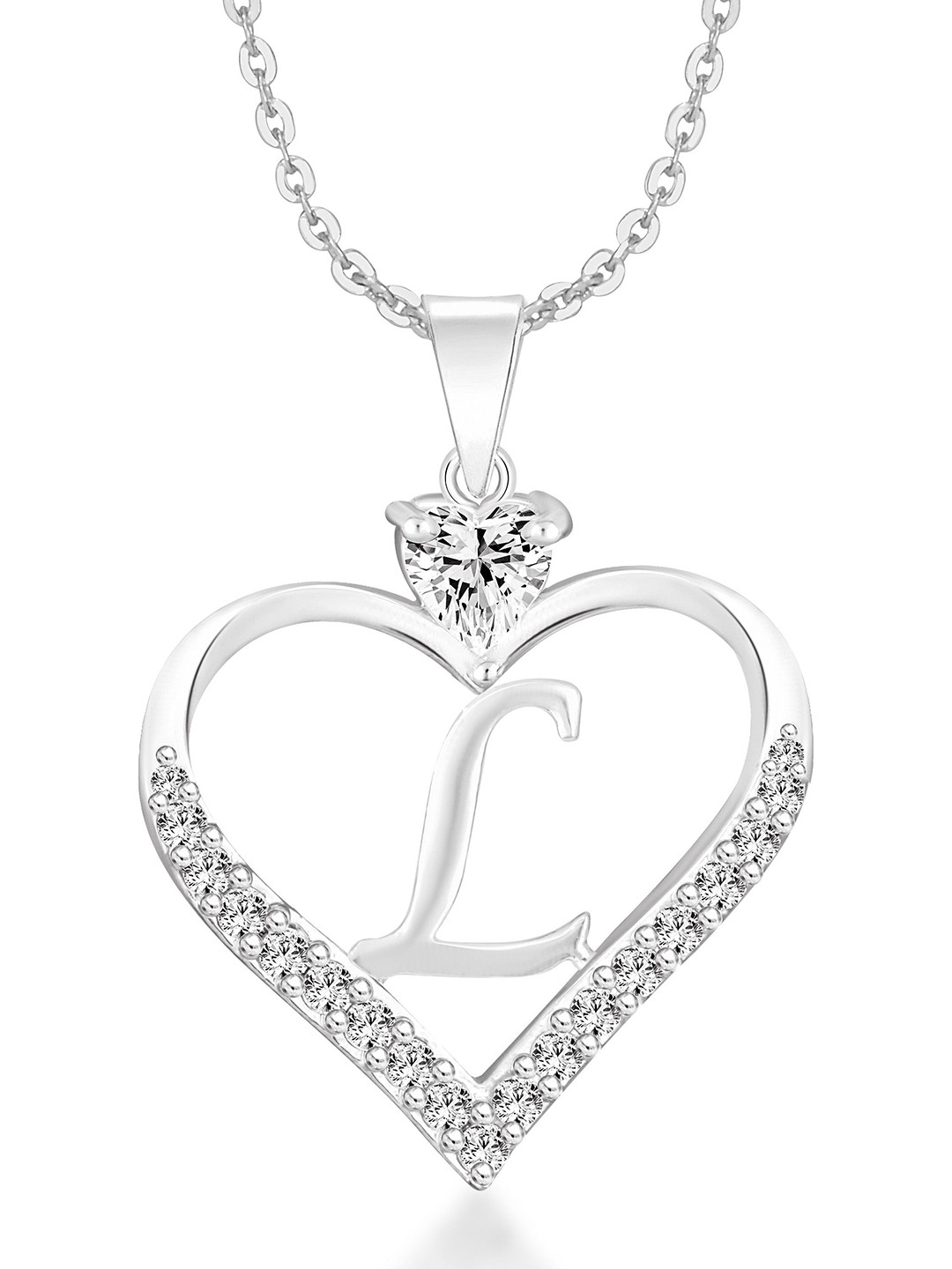 Heer Collection Cubic Zircon Studded Heart Shape Alphabet 'L' Pendant With Chain