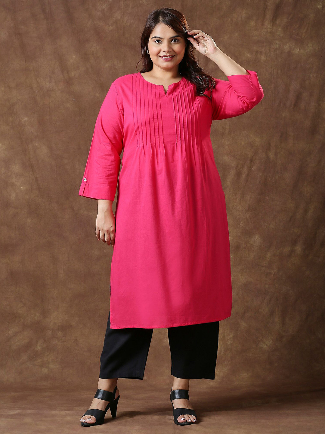 Sizeupp Women Plus Size Solid Knitted and Woven Thread Work Cotton Kurta