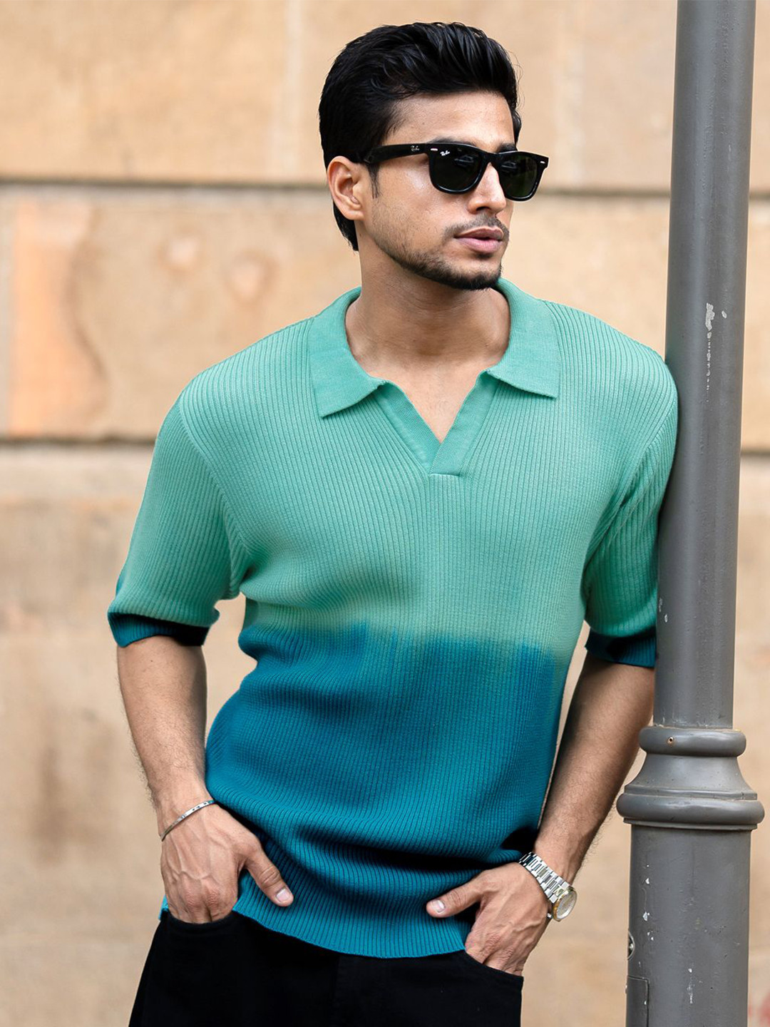 Powerlook Men Aqua Blue Ombre Regular Fit T-Shirt