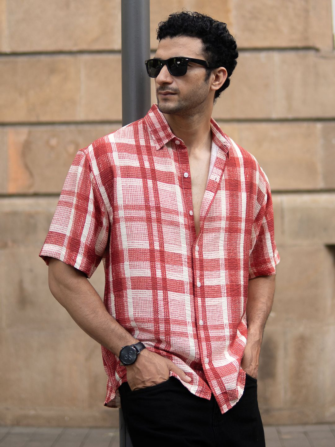 Powerlook ss25 Men Red Ochre Printed Checks Shirt