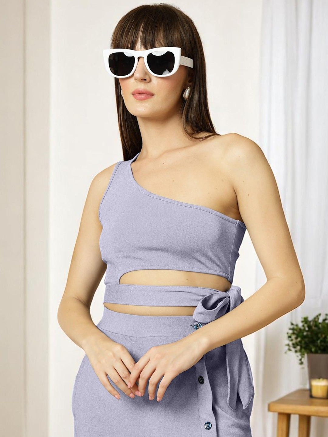 OOMPH! FACTOR One Shoulder Cut Out Crepe Blouson Crop Top