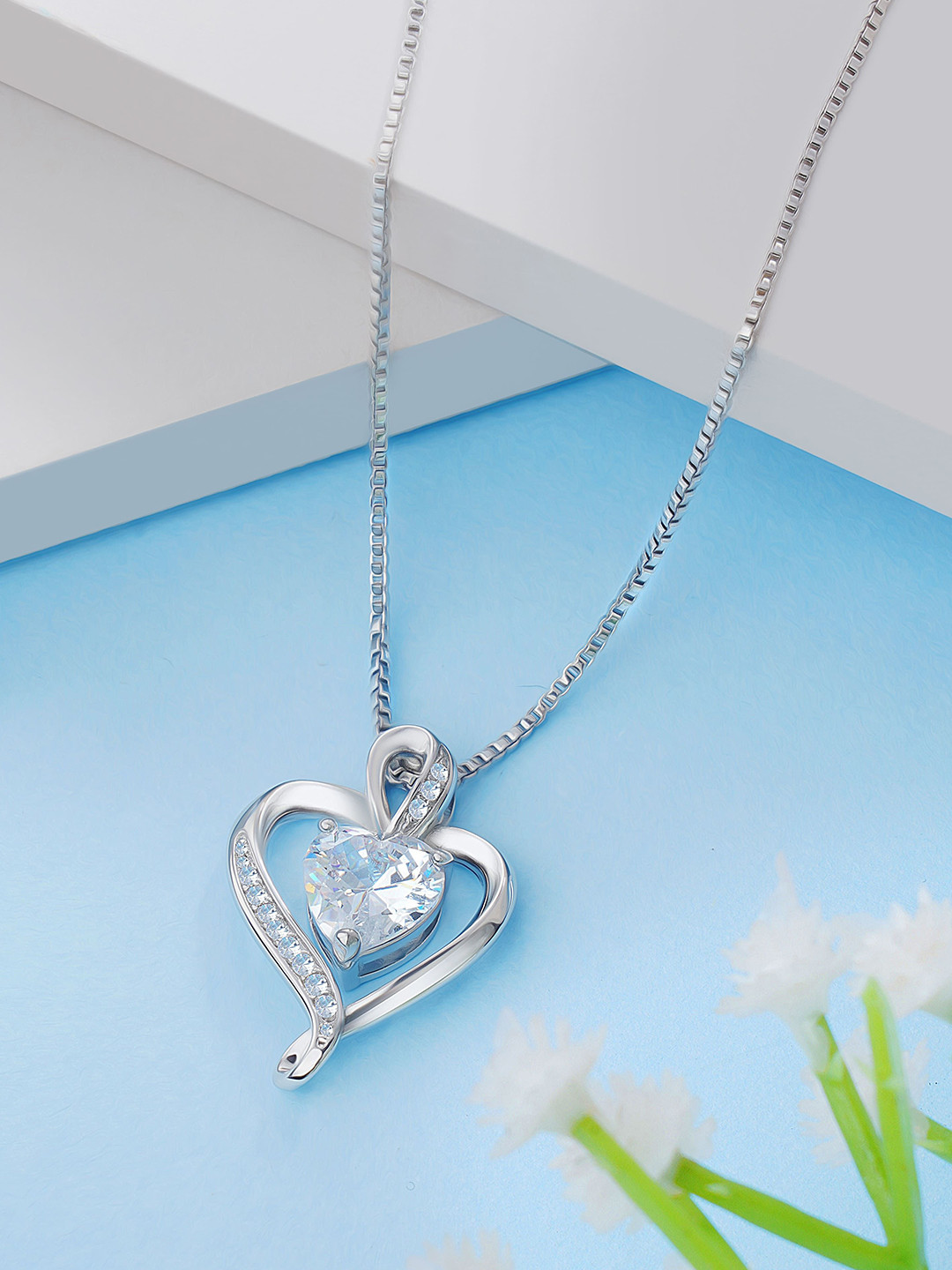 BISHTY  Sliver-Plated Cubic Zirconia-Studded Heart Pendant With Chain