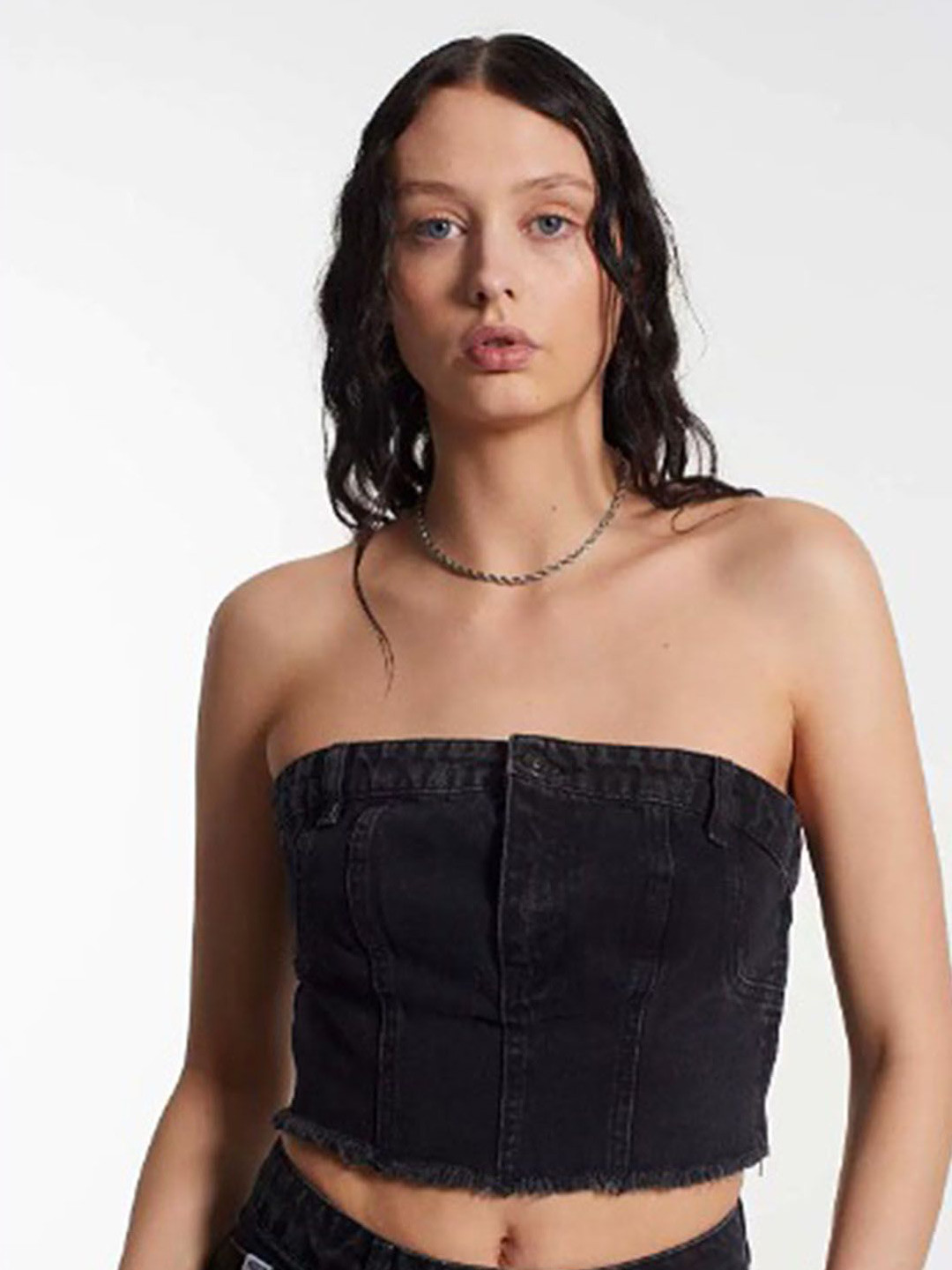 LULU & SKY Women Cotton Strapless Frayed Denim Tube Crop Top