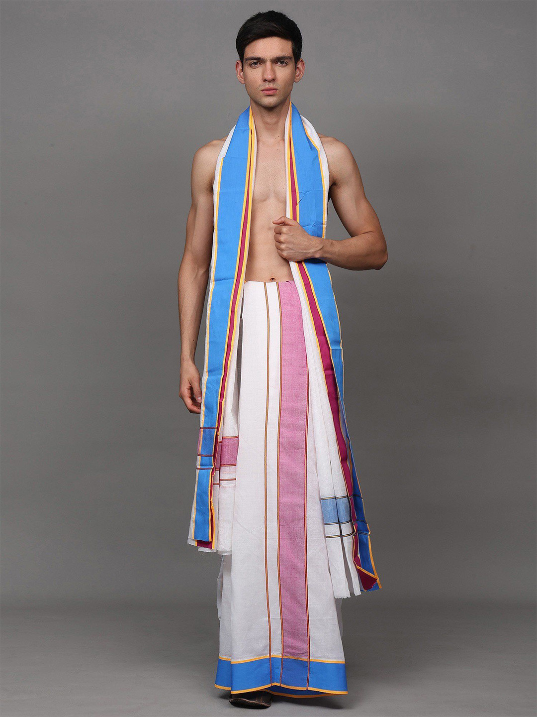 Exotic India Men Bright-White Contrast Stripes Border Dhoti with Angavastram Set