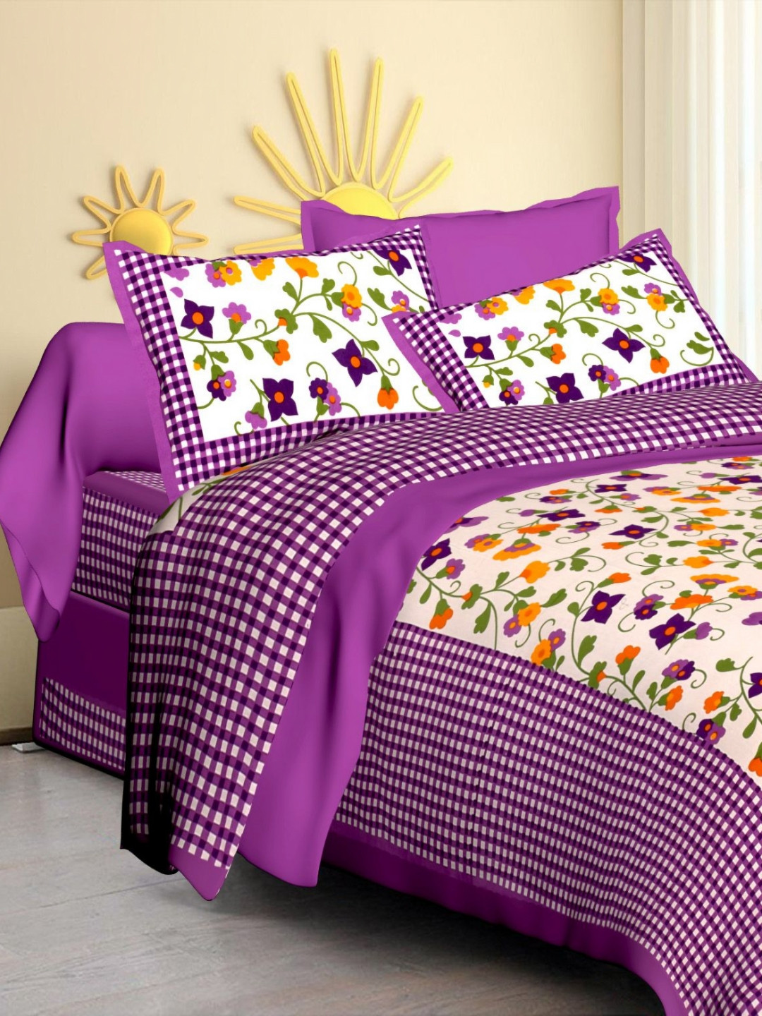 Rudra Bazaar Purple Floral Cotton Breathable 210 TC Queen Fine Bedsheet with 2 Pillow Covers-108 x 91 inches
