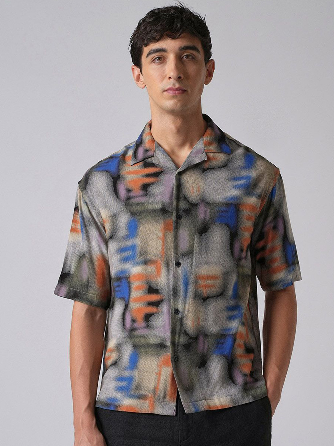 Banana Club Men Classic Abstract Printed Cuban Collar Casual Shirt