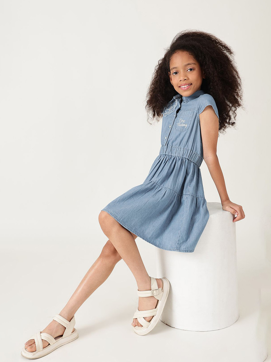 One Friday Girls Above Knee Tiered Fit & Flare Cotton Denim Dress